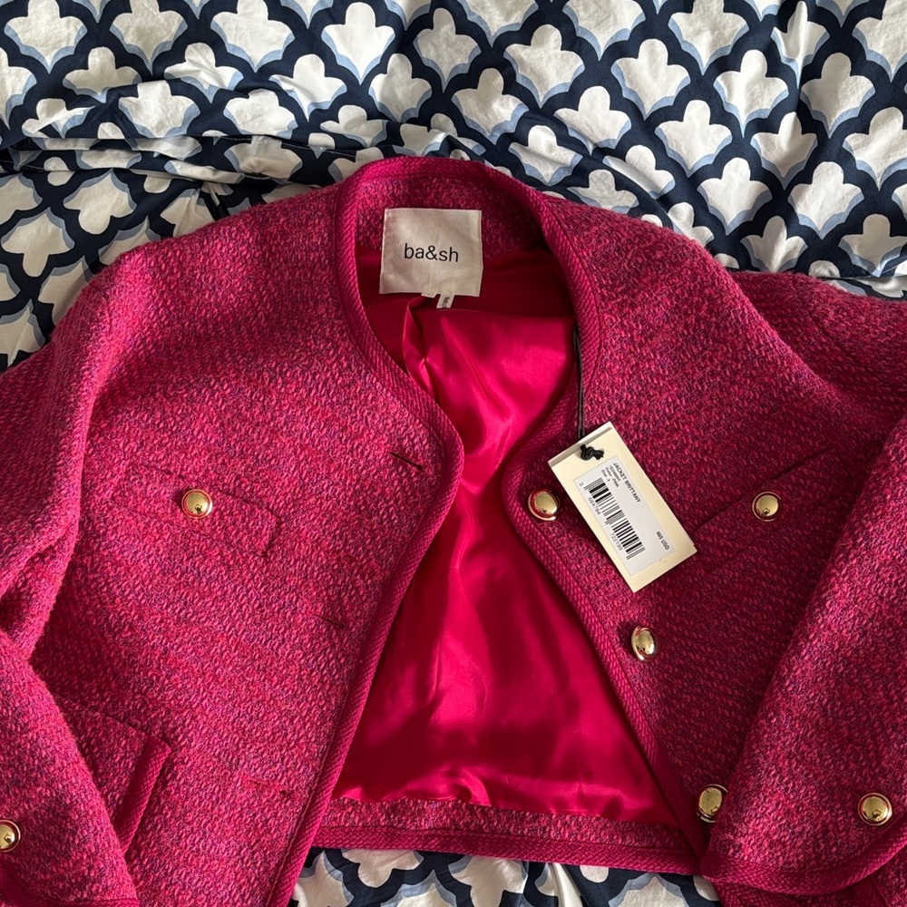 ba&sh Fuchsia Tweed Cropped Jacket with Gold Buttons